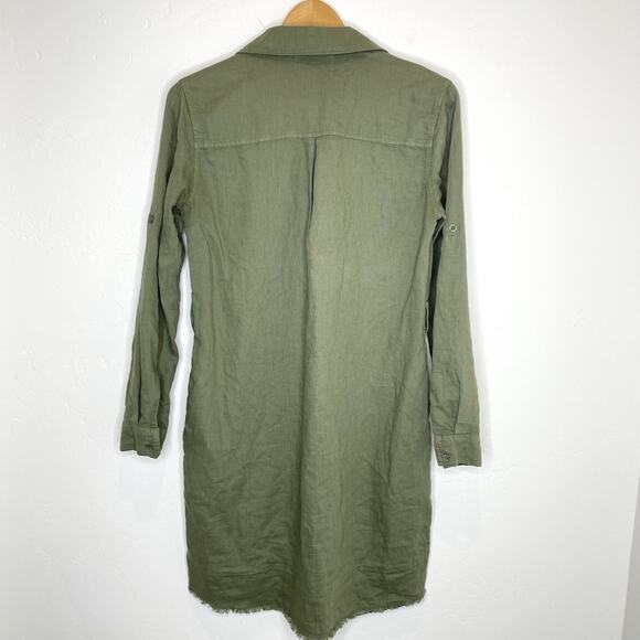 Cloth & Stone Olive Green Linen Utility Shirt Dress Tunic Raw Hem Frayed XS - Picture 5 of 7